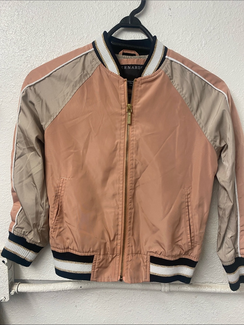 Bernardo -vintage Y2K- Peach and Beige Bomber Jacket with Stripe Trim